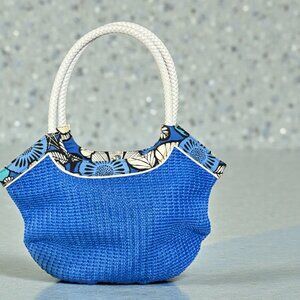 Vera Bradley Blue Woven Tote Bag Floral Trim Shoulder Bag EUC